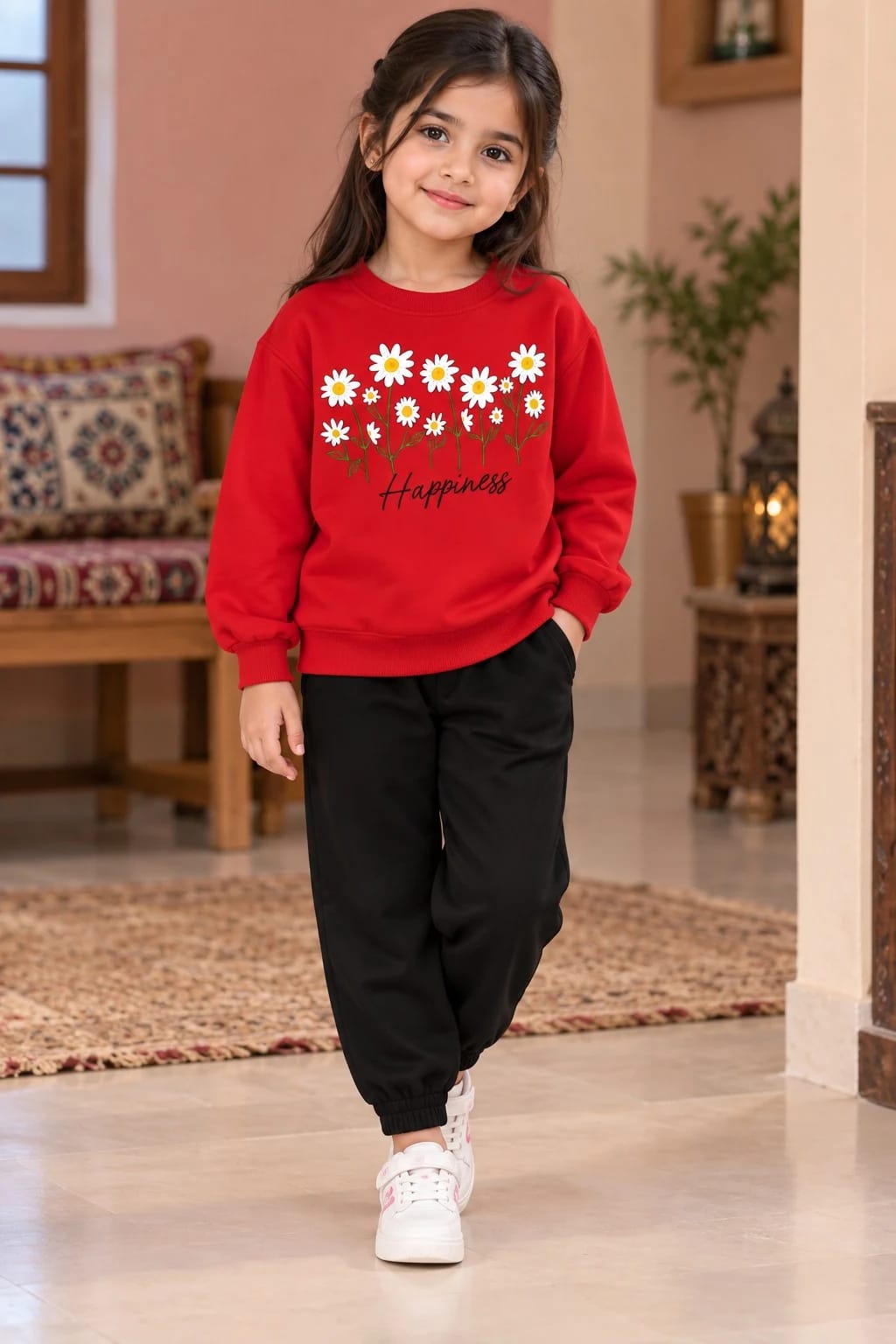 Girls Red Happiness Sweatshirt & Black Trouser 2-Piece Winter Set
