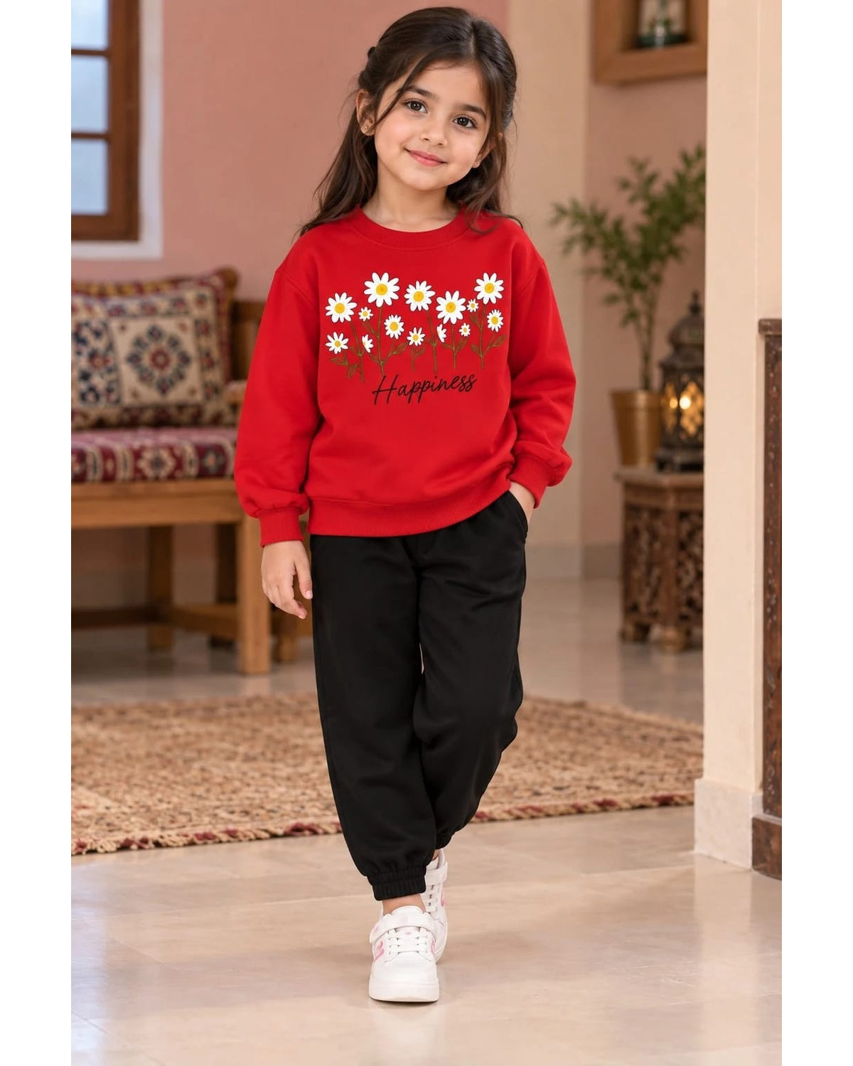 Girls Red Happiness Sweatshirt & Black Trouser 2-Piece Winter Set