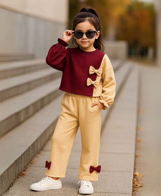 Girls Fleece Sweatshirt & Pants Set – Maroon Beige Bow Outfit