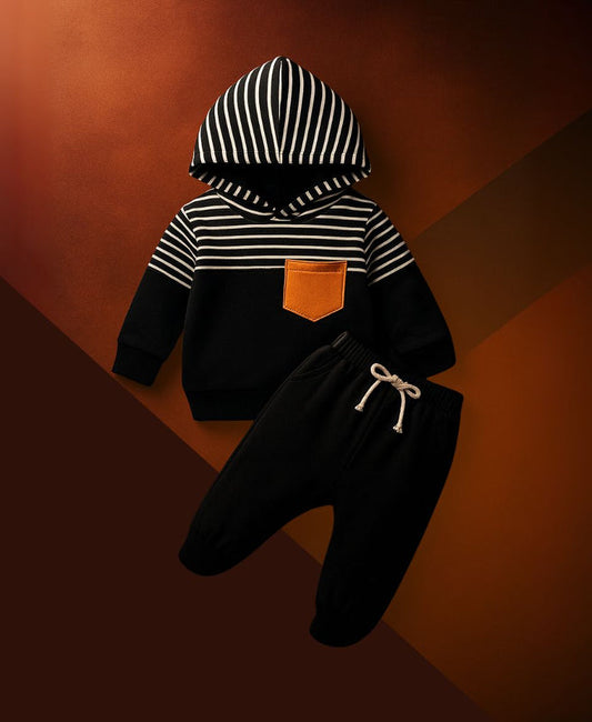 Unisex Cotton Hoodie & Trouser Set – Black Striped Winter Outfit