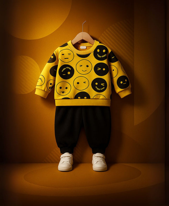 Unisex Fleece Sweatshirt & Pants Set – Emoji Print Winter Outfit
