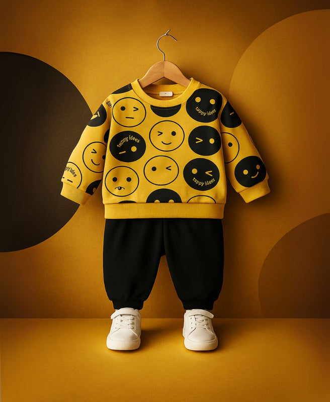 Unisex Fleece Sweatshirt & Pants Set – Emoji Print Winter Outfit
