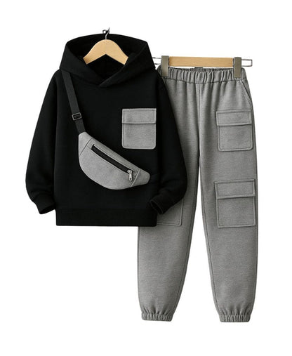 Unisex Kids Fleece Hoodie & Trouser Set – Black & Grey