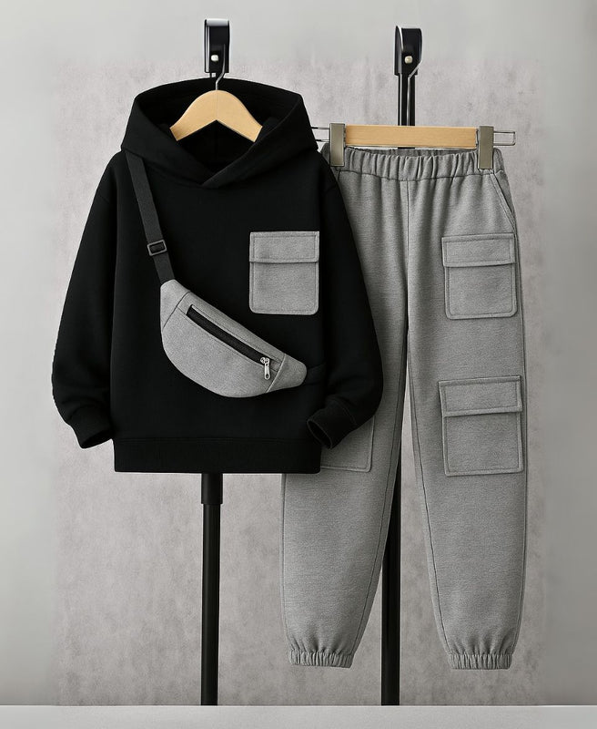 Unisex Kids Fleece Hoodie & Trouser Set – Black & Grey