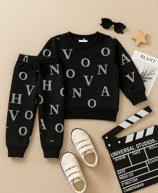 Unisex Fleece Sweatshirt & Trouser Set – Letter Print Winter Outfit
