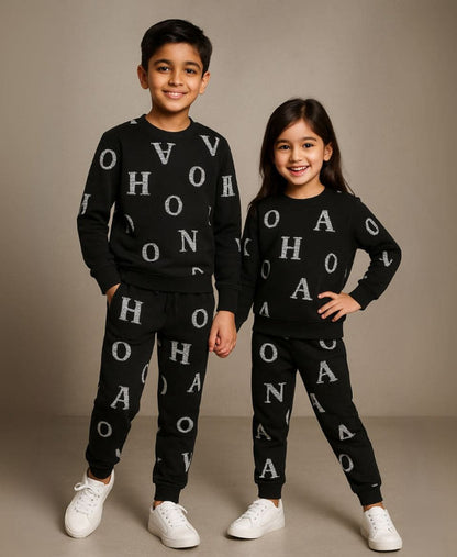 Unisex Fleece Sweatshirt & Trouser Set – Letter Print Winter Outfit