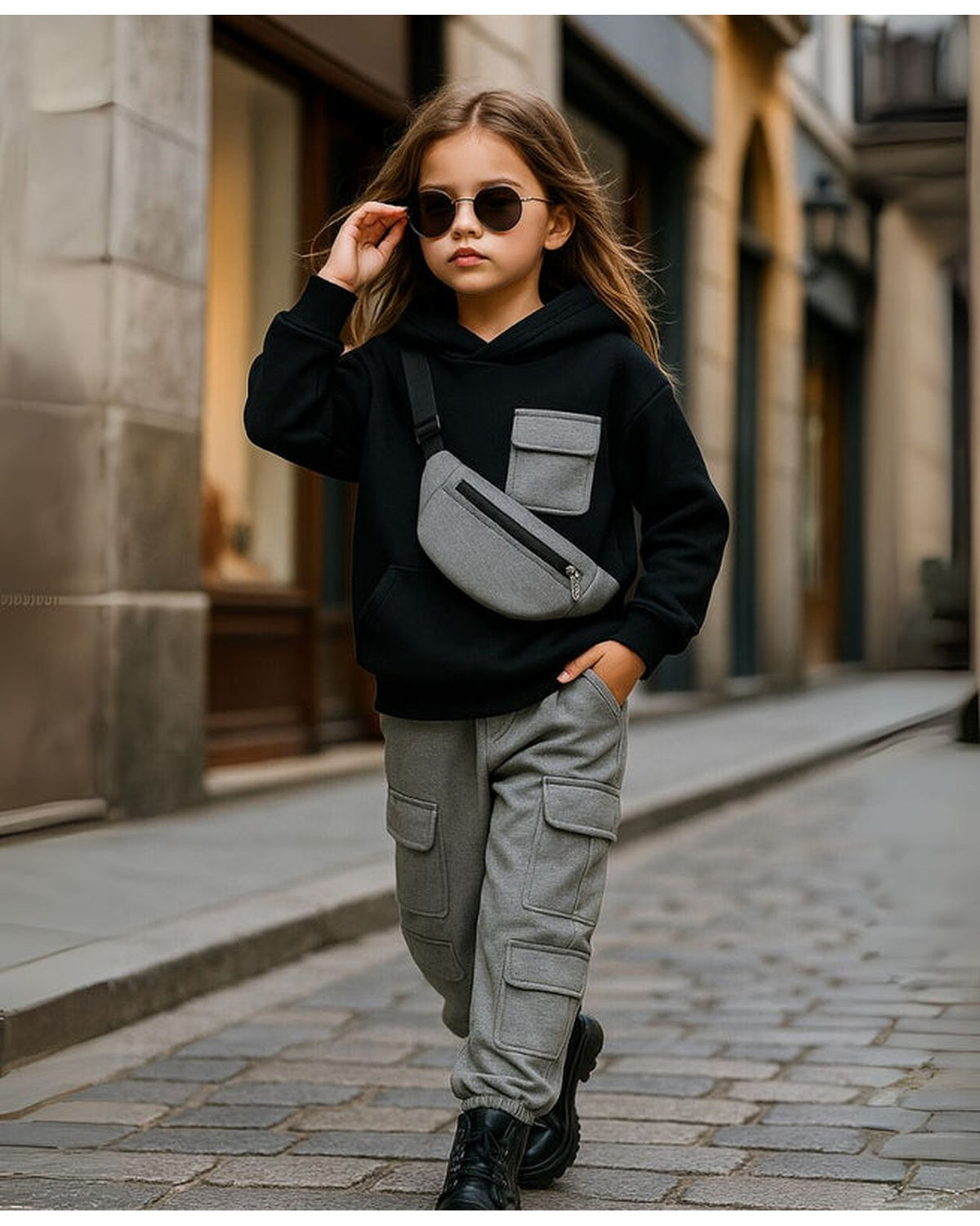 Unisex Kids Fleece Hoodie & Trouser Set – Black & Grey