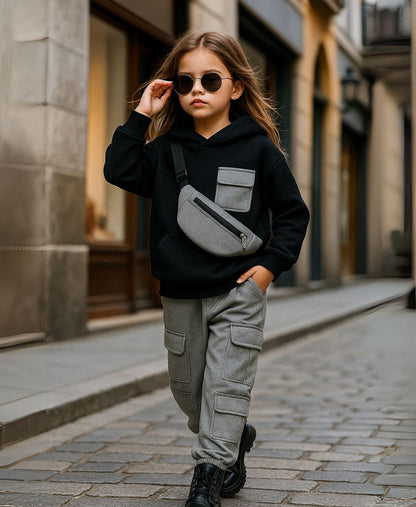 Unisex Kids Fleece Hoodie & Trouser Set – Black & Grey