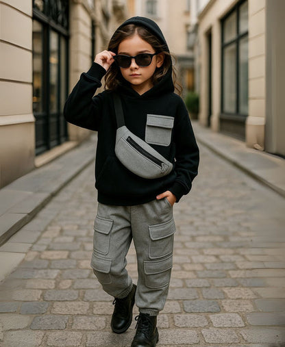 Unisex Kids Fleece Hoodie & Trouser Set – Black & Grey